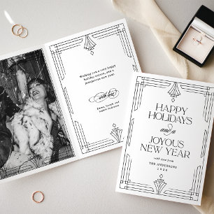 Black and White Modern Deco Happy Holidays Photo Holiday Card