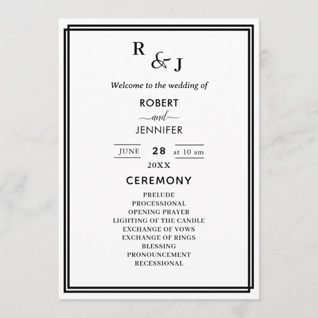 Black and White Modern Elegance Border Wedding Program (Front)