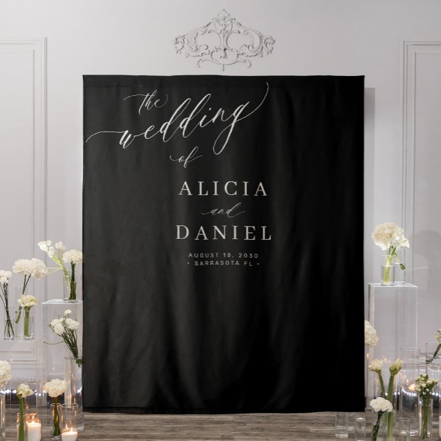 Black and white modern elegant wedding backdrop tapestry (Creator Uploaded)