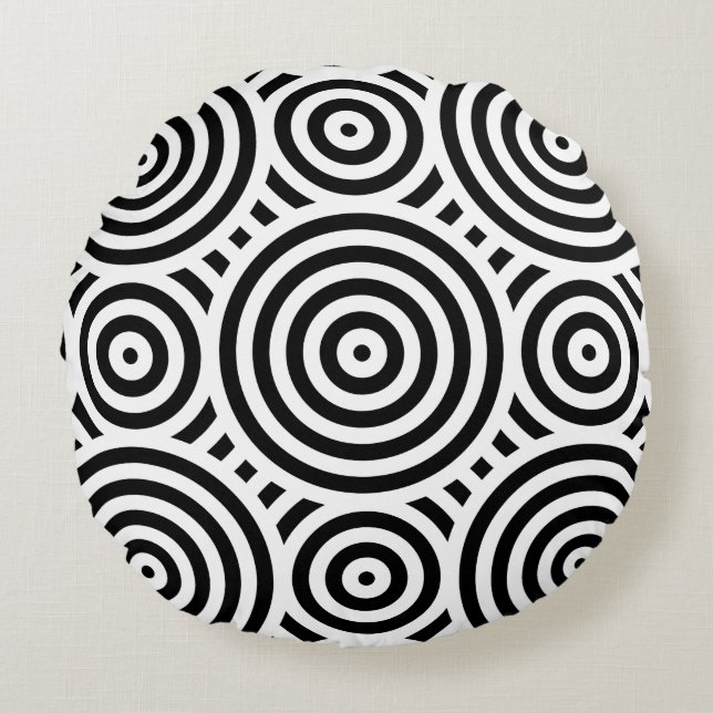 Black and White Modern Geometric Circle Pattern Round Pillow (Front)
