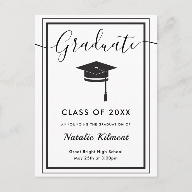 Black and White Modern Graduate Cap Graduation Announcement Postcard (Front)