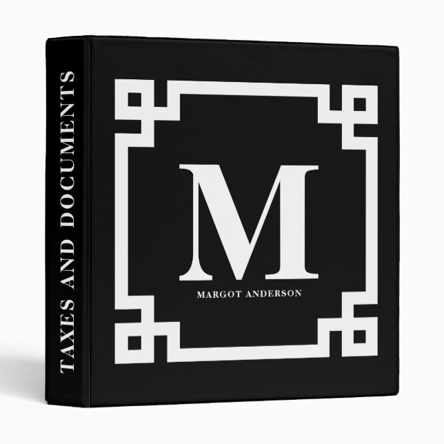 Black and White Modern Greek Key Border Monogram Binder (Front/Spine)