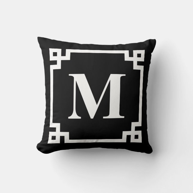 Black and White Modern Greek Key Border Monogram Throw Pillow (Front)