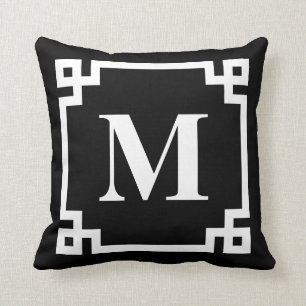 Black and White Modern Greek Key Border Monogram Throw Pillow