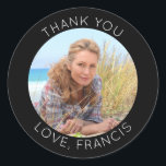 Black and White Modern Minimalist Thank You Photo Classic Round Sticker<br><div class="desc">Create your own personalized circle photo round thank you stickers. Customize the solid black background colour or the white thin line text colour to match your photo. If you change the font type or size, you can fine tune the curvature of the text in small increments. Have fun creating your...</div>