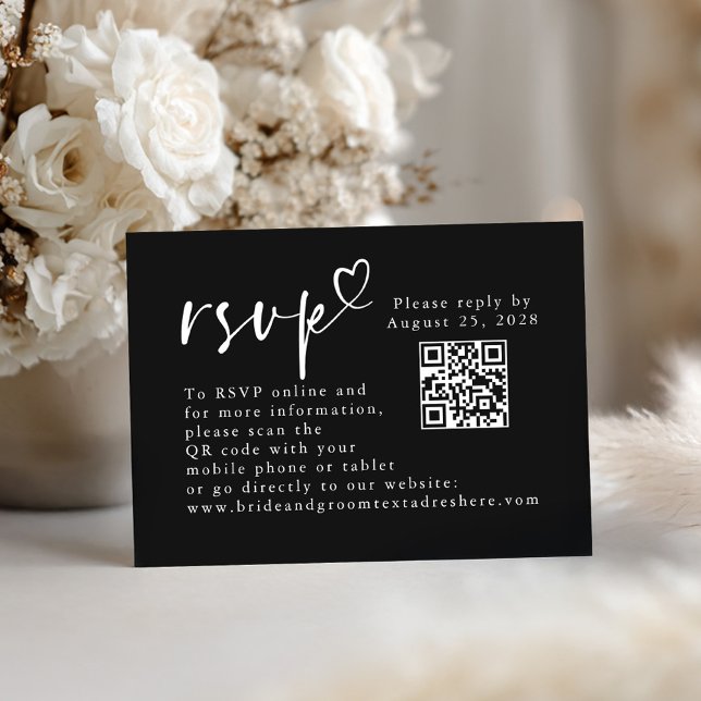 Black and White Modern Minimalist Wedding QR RSVP Enclosure Card (Black Minimalist QR Code RSVP Cards)