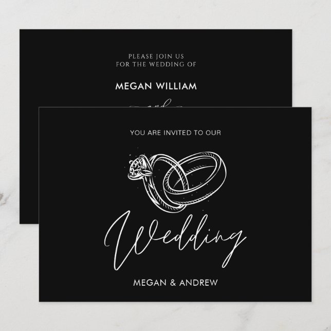 Black and white Modern minimalist wedding ring  Invitation (Front/Back)