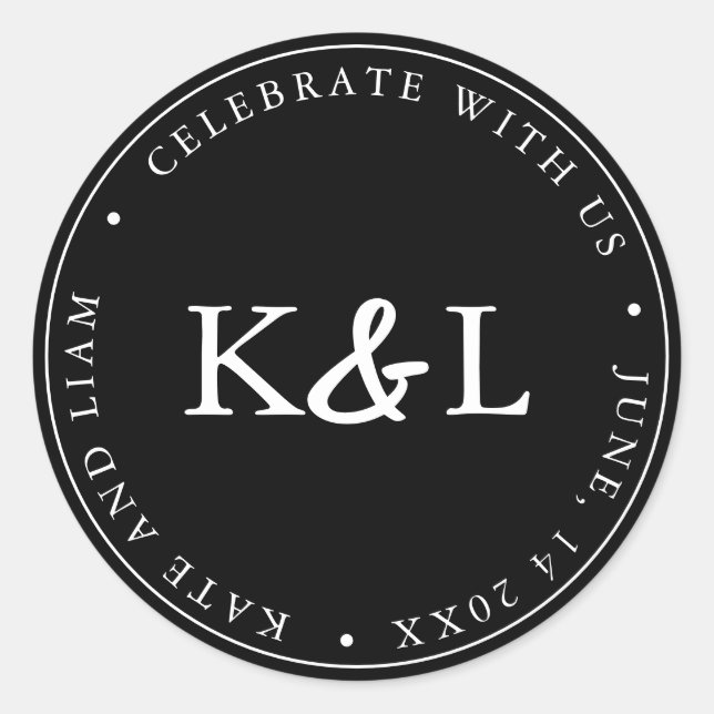 Black and White Modern Monogram Ampersand Classic Round Sticker (Front)