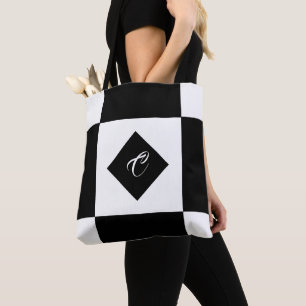 Black and White Modern Monogram Chequered Tote Bag