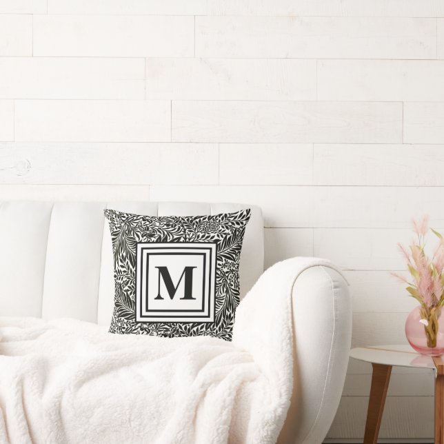 Black and White Modern Monogram Foilage Pattern Throw Pillow (Couch)