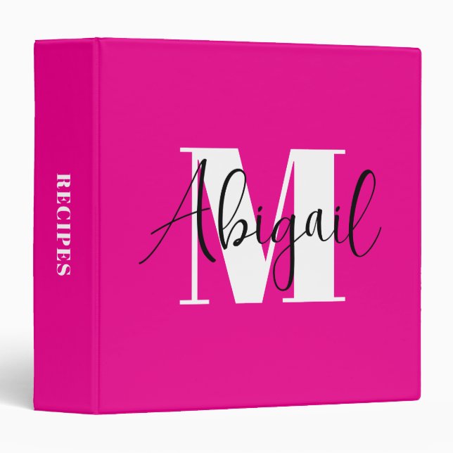 Black and White Modern Monogram Hot Pink Recipe Binder (Front/Spine)