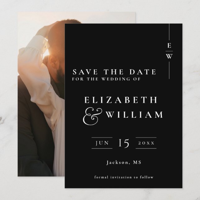 Black And White Modern Monogram Photo Wedding Save The Date (Front/Back)