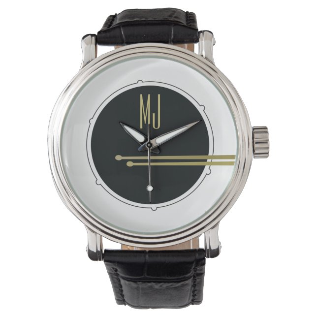Black and White Modern Monogrammed Drummer Watch (Front)