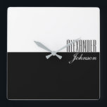 Black and White Modern Name Monogram Square Wall Clock<br><div class="desc">Minimal, typography, modern black and white wall clock, with sophisticated name at the corner.</div>