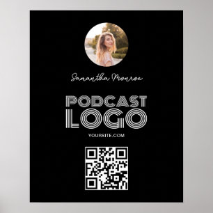 Black and White Modern Podcast Logo QR Code Poster