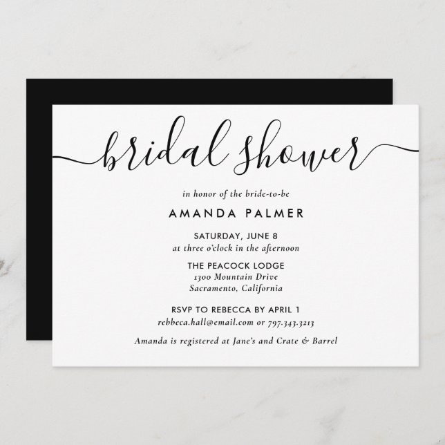 Black and White Modern Script Bridal Shower Invitation (Front/Back)