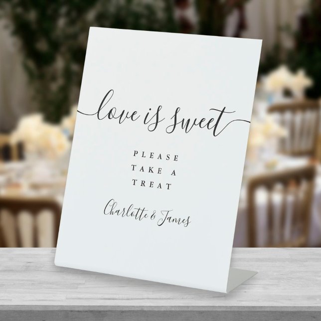 Black And White Modern Script Love Is Sweet Favour Pedestal Sign (Creator Uploaded)