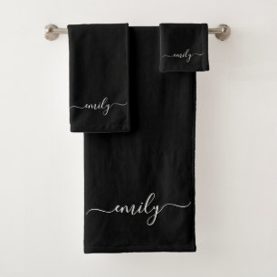 Black and White Modern Script Monogram Name Bath Towel Set