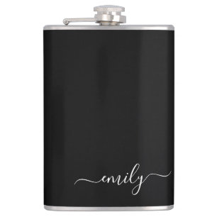 Black and White Modern Script Monogram Name Hip Flask