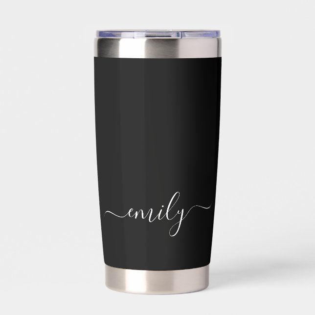 Black and White Modern Script Monogram Name Insulated Tumbler (Front)