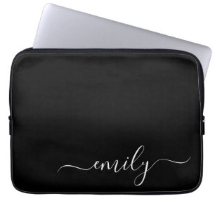 Black and White Modern Script Monogram Name Laptop Sleeve
