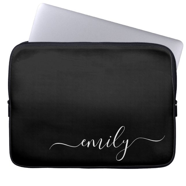 Black and White Modern Script Monogram Name Laptop Sleeve (Front)
