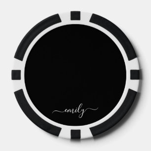 Black and White Modern Script Monogram Name Poker Chips