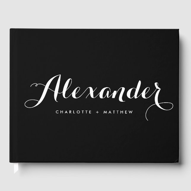 Black and White Modern Script Wedding Guestbook (Front)