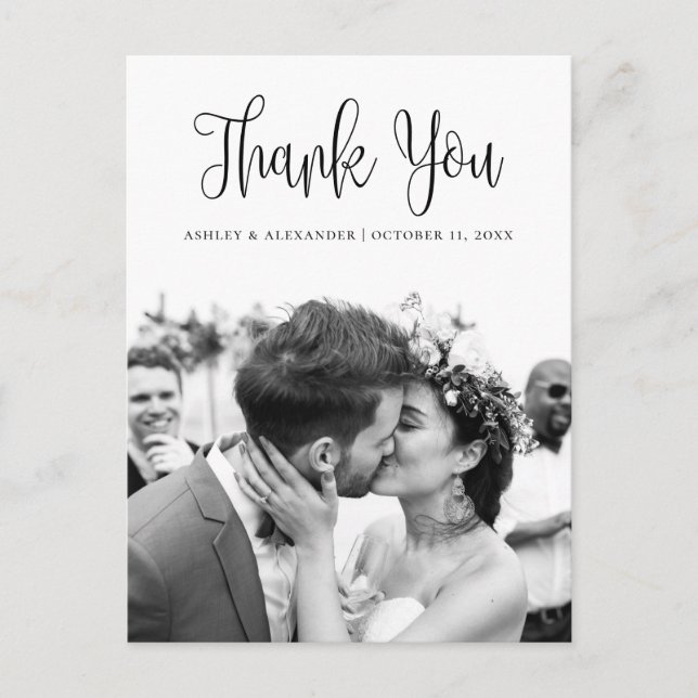 Black and white modern script wedding thank you postcard (Front)