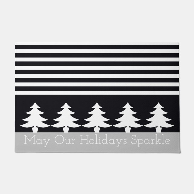 Black And White Modern Stripe Festive Doormat (Front)