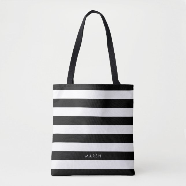 Black and White Modern Striped Pattern Custom Name Tote Bag (Front)