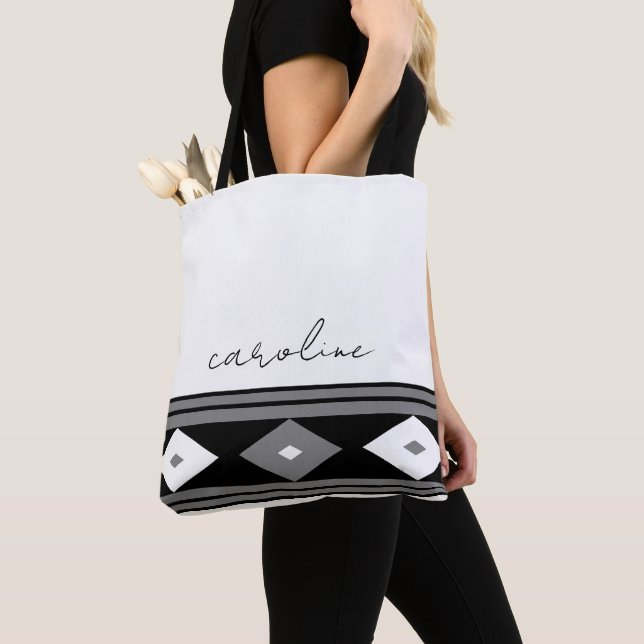 Black and White Modern Stripes and Diamond Shapes  Tote Bag (Close Up)