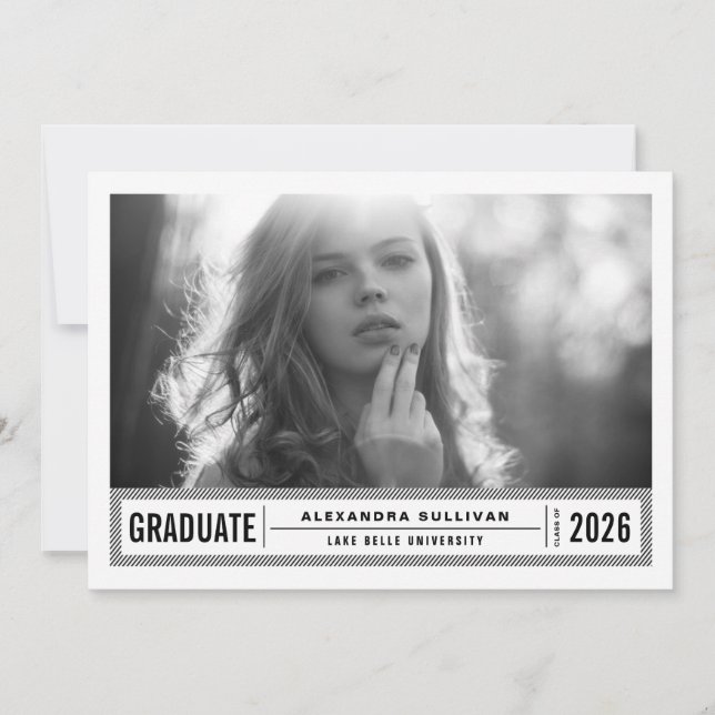 Black and White Modern Stripes Photo Graduation Invitation (Front)