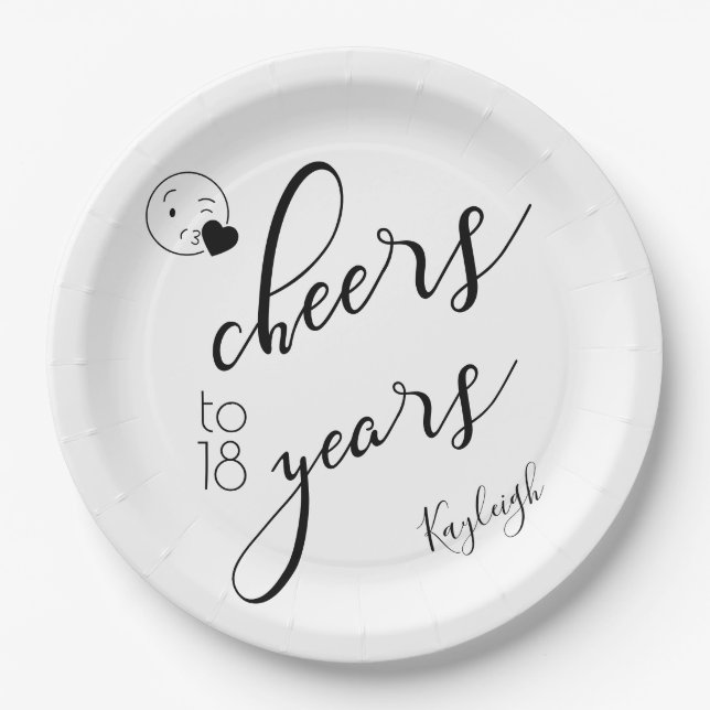 Black and White Modern Text Cheers to 18 Years Paper Plate (Front)
