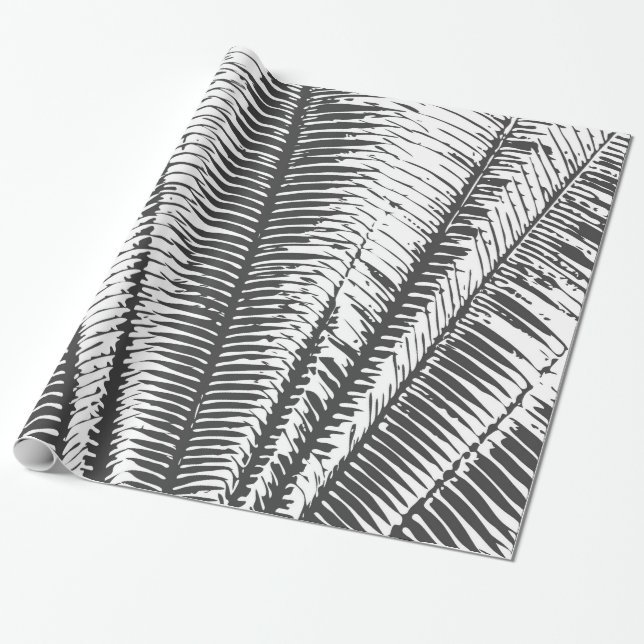 Black and White Modern Tropical Palm Fronds Wrapping Paper (Unrolled)