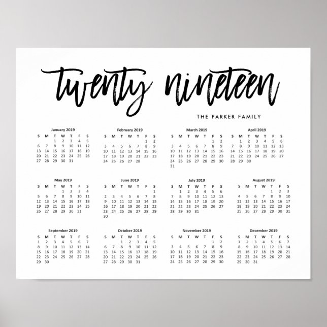 Black and White Modern Typography 2019 Calendar Poster (Front)