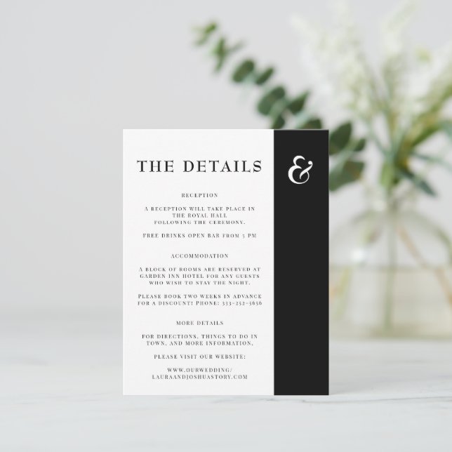Black and white modern typography wedding details enclosure card (Standing Front)