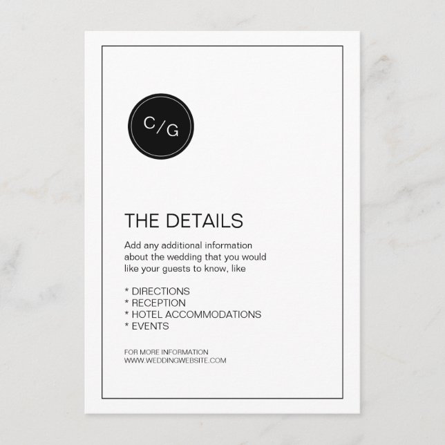 Black and white modern wedding details card (Front)