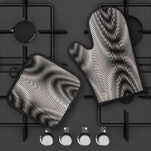 Black and White Moiré Stripes - Trippy Abstract Oven Mitt & Pot Holder Set