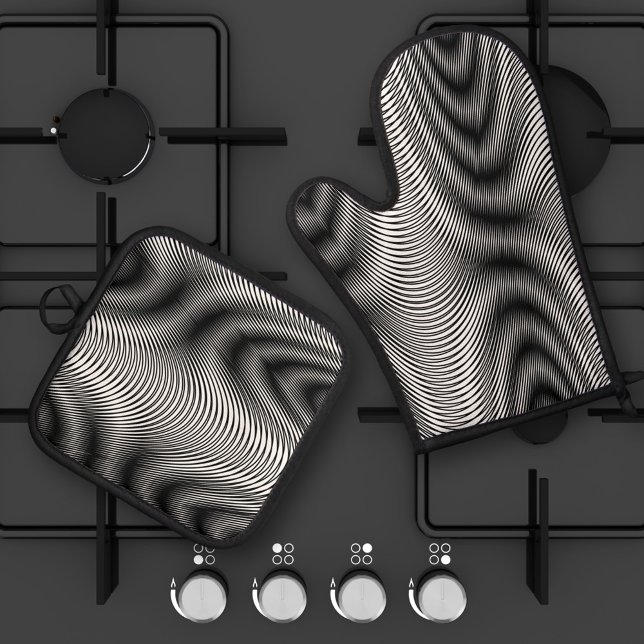 Black and White Moiré Stripes - Trippy Abstract Oven Mitt & Pot Holder Set (Creator Uploaded)