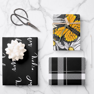 Black and White Monarch Butterflies Monogrammed Wrapping Paper Sheet
