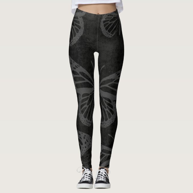 Black and White Monarch Butterfly Line Art Leggings (Front)