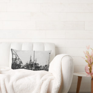 Black And White Monochrome Harbour Boats Lumbar Pillow