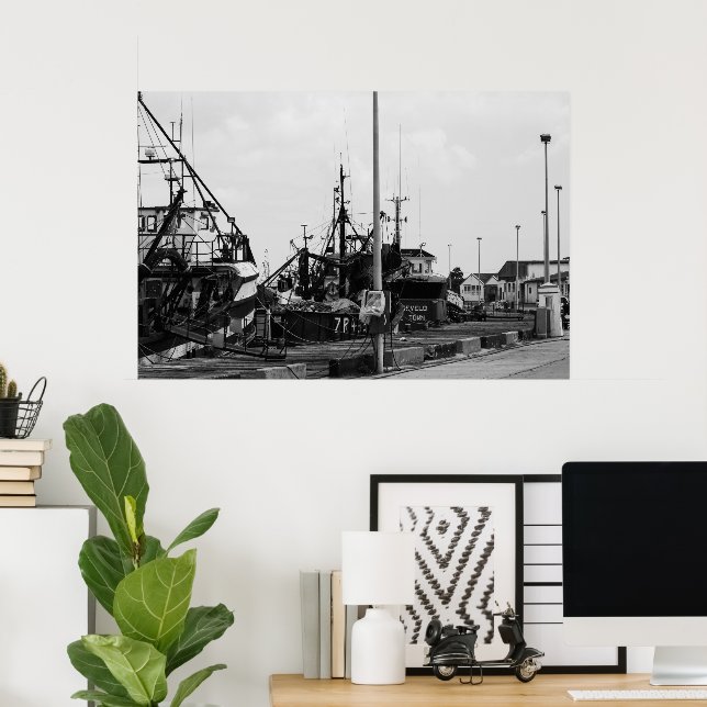 Black And White Monochrome Harbour Boats Poster (Home Office)