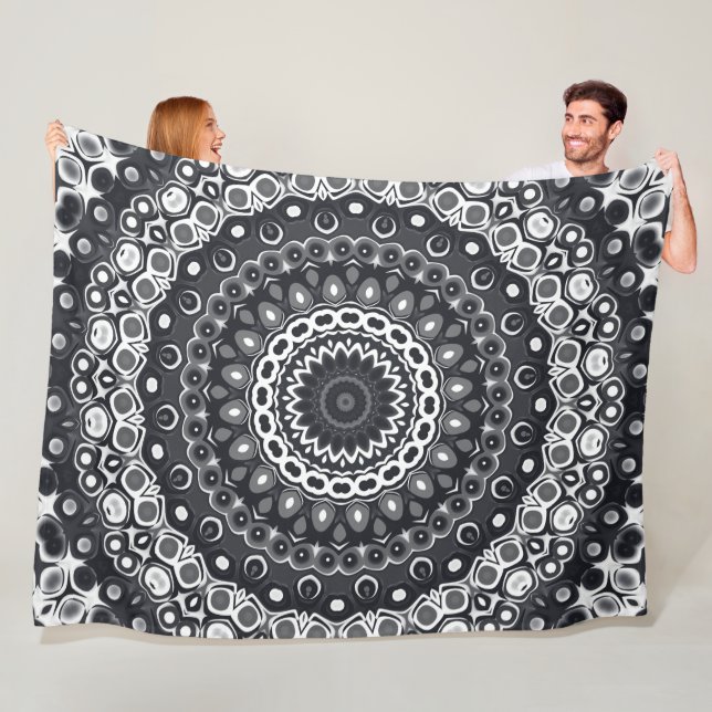 Black and White Monochrome Mandala Pattern Fleece Blanket (In Situ)