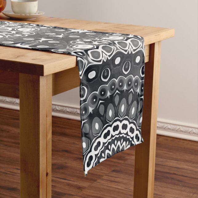Black and White Monochrome Mandala Pattern Long Table Runner (In Situ)