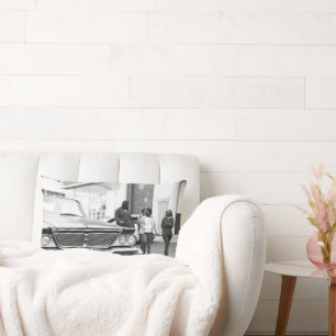 Black And White Monochrome Old Car People City Lumbar Pillow