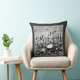 BLACK AND WHITE MONOCHROME SHELL BEACH PHOTO TEXT THROW PILLOW