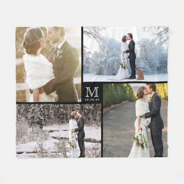 Black and White Monogram 4 Photo Collage Wedding Fleece Blanket (Front (Horizontal))