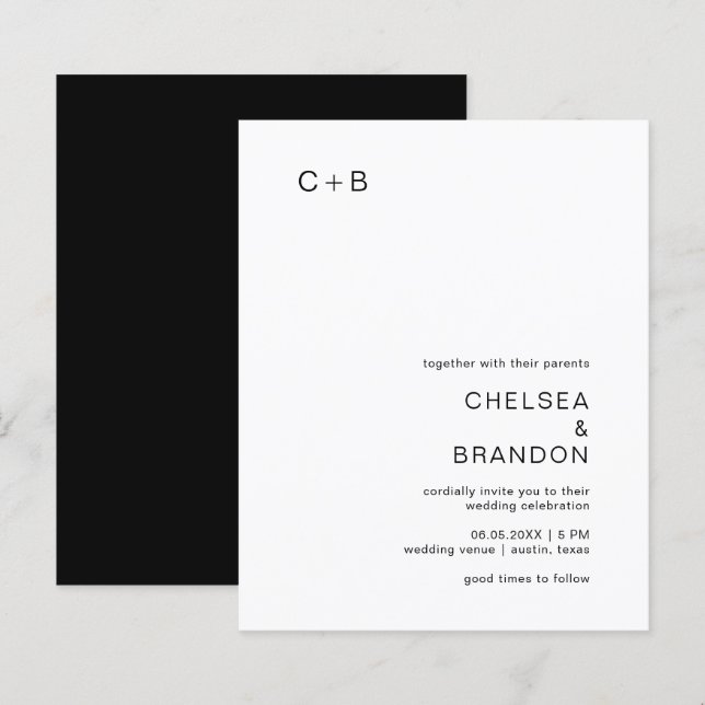 Black and White Monogram Budget Wedding Invite (Front/Back)